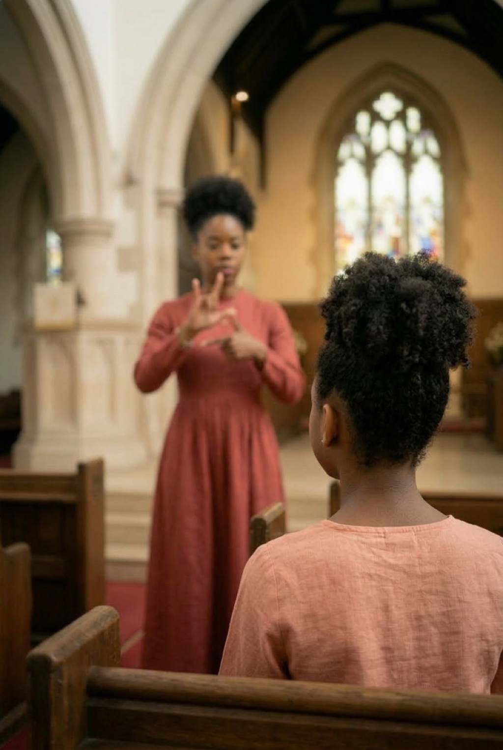 A child watches an interpreter sign during a church service — the first time Tanesh saw ASL, and the moment SOS began.