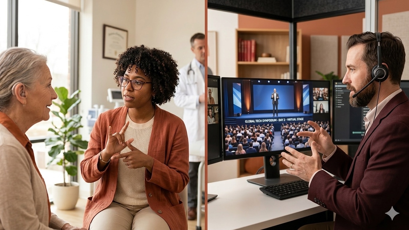 An interpreter signs with a patient in a medical office while a colleague provides VRI from a separate workstation.